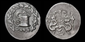 IONIA, Ephesos, dated CY 34 (101/100 BC), AR Cistophoric Tetradrachm. 27.5mm, 12.65 g.
Obv: Cista mystica with serpent; all within ivy wreath.
Rev: ...