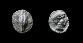 IONIA, Magnesia ad Maeandrum under Themistokles, 465-459 BCE; AR hemiobol, 0.37g 7.5mm
Obv: Barley grain with Θ to left, E to right
Rev: Male head rig...