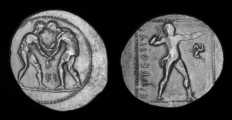 PAMPHYLIA, Aspendos, c. 380/75-330/25 BCE, AR Stater. 10.79g, 25mm.
Obv: Two wr...