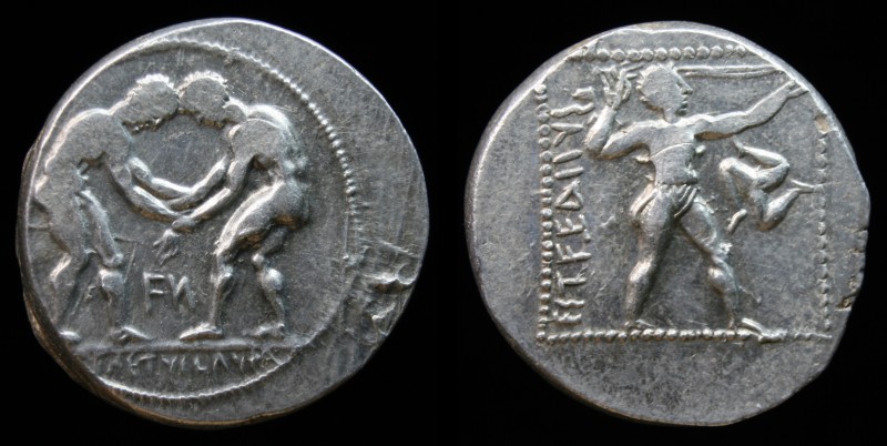 PAMPHYLIA, Aspendos, 380-325 BCE, AR Stater. 11.04g, 23mm.
Obv: Two wrestlers g...
