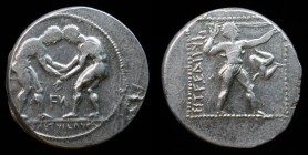 PAMPHYLIA, Aspendos, 380-325 BCE, AR Stater. 11.04g, 23mm.
Obv: Two wrestlers grappling; FN (N retrograde) between; MENETYΣ EΛYΦA in exergue.
Rev: E...