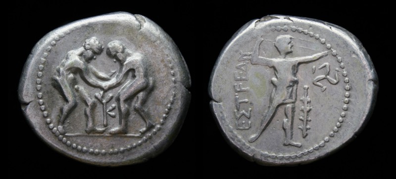 PAMPHYLIA, Aspendos, c. 330-250 BCE, AR Stater. 10.52g, 25mm.
Obv: Two wrestler...