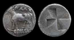 BITHYNIA, Kalchedon, c. 340-320 BCE, AR Siglos. 5.31g, 17mm
Obv: KAΛX, Bull standing left on grain ear. Rev: Four-part incuse of mill-sail pattern.
...