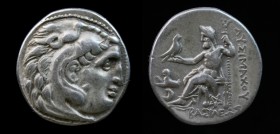 KINGS of THRACE: Lysimachos (323-281 BCE), AR drachm, issued c. 299-296 BCE. Kolophon, 3.87g, 17.5mm.
Obv: Head of Herakles right, wearing lion skin h...