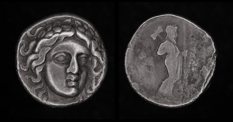 CARIA, Maussolos (Satrap), 377-352 BCE, AR drachm. 3.50g, 14mm.
Obv: Laureate h...