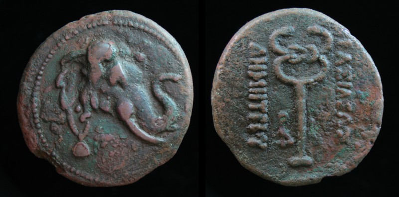 GRECO-BAKTRIAN KINGDOM, Demetrios I Aniketos, c. 200-185 BCE, Æ trichalkon. 11.3...
