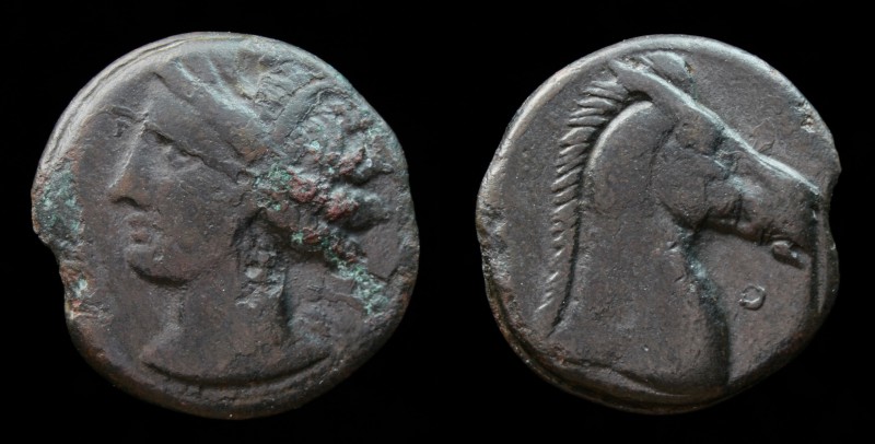 CARTHAGE, c. 300-264 BCE, Æ Shekel. 5.15g, 19mm.
Obv: Wreathed head of Tanit le...