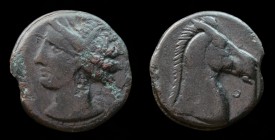 CARTHAGE, c. 300-264 BCE, Æ Shekel. 5.15g, 19mm.
Obv: Wreathed head of Tanit left.
Rev: Head of horse right; Punic ‘ to right.
MAA 57x; Müller, Afr...