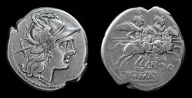 Cn. Domitius Ahenobarbus, 189-180 BCE, denarius. Rome, 3.82g, 19.3mm.
Obv: Helmeted head of Roma right, X behind.
Rev: Dioscuri riding right, holdin...