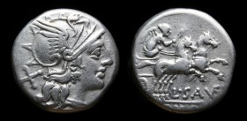 L. Saufeius, 152 BCE, AR Denarius. Rome, 3.85g, 17mm. 
Obv: Helmeted head of Roma right; X (mark of value) behind.
Rev: Victory driving galloping biga...