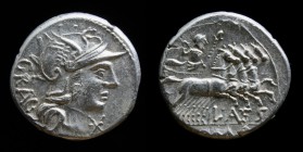 L. Antestius Gragulus, 136 BCE, AR Denarius. Rome, 3.97g, 19mm. 
Obv: Helmeted bust of Roma right; GRAG and * in fields. 
Rev: Jupiter in quadriga rig...