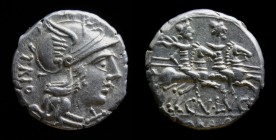 Cn. Lucretius Trio, 136 BCE, AR Denarius. Rome, 3.99g, 18mm.
Obv: Head of Roma with winged helmet right; X below chin, TRI behind.
Rev: Dioscuri gal...