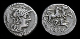 Cn. Domitius Ahenobarbus, 128 BCE, AR Denarius. Rome, 3.84g, 19mm.
Obv: Helmeted head of Roma right; grain ear to left, mark of value below chin.
Re...