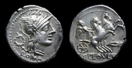T. Cloelius, 128 BCE, AR Denarius. Rome, 3.89g, 20.5mm.
Obv: Helmeted head of Roma right, behind, wreath, below, ROMA.
Rev: Victory in biga right, h...