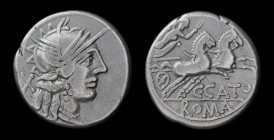 C. Cato, 123 BC, AR Denarius. Rome, 3.78g, 18mm. 
Obv: Helmeted head of Roma right; X (mark of value) to left.
Rev: Victory driving galloping biga rig...