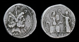 M. Furius L.f. Philus, c. 120-119 BCE, AR Denarius. Rome, 3.85g, 19mm.
Obv: Laureate head of bearded Janus
Rev: Roma standing left, holding wreath and...