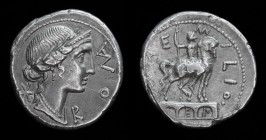 Mn. Aemilius Lepidus, 114 - 113 BCE, AR denarius. Rome, 3.83g, 18mm.
Obv: Laureate, diademed and draped bust of Roma right, ROMA before, * behind. 
Re...