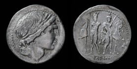 L. Memmius, 109-108 BCE, AR denarius. Rome, 3.93g, 20mm. 
Obv: Male head right, wearing oak wreath; mark of value below chin. 
Rev: L · MEMMI, the Dio...