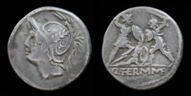 Q. Minucius M.f Thermus, 103 BCE, AR Denarius. Rome, 3.76g, 18.5mm. 
Obv: Helmeted head of Mars to left. 
Rev: Q•THERM•M F; Two warriors fighting, eac...