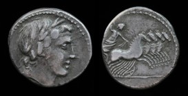 Anonymous, 86 BCE, AR Denarius. Rome, 4.15g, 18.5mm. 
Obv: Laureate head of Apollo to right; below neck truncation, thunderbolt (off flan). 
Rev: Jupi...