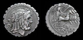 Q. Antonius Balbus, praetor, 83-82 BCE, AR serrate denarius. Rome, 3.63g, 18.5mm.
Obv: Laureate head of Jupiter right; S C behind. 
Rev: Victory, hold...