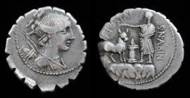 A. Postumius A.f. Sp.n. Albinus, 81 BCE, AR serrate denarius. Rome, 3.99g, 20mm. 
Obv: Draped bust of Diana right; bow and quiver over shoulder, bucra...