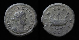CARAUSIAN REVOLT: Allectus (293-296), AE Quinarius. London, 2.83g, 19mm. 
Obv: IMP C ALLECTVS P F AVG. Radiate and cuirassed bust right. Rev: VIRTVS A...