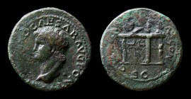 Nero (54-69), AE Semis, issued 64-67. Lugdunum, 5.29g, 21.5mm. 
Obv: IMP NERO CAESAR AVG PONTIF; Bare head left (scarcer as such), globe at point of b...