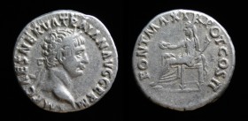 TRAJAN (98-117), AR Denarius, issued 98-99. Rome, 3.18g, 18mm.
Obv: IMP CAES NERVA TRAIAN AVG GERM; Laureate head right.
Rev: PONT MAX TR POT COS II; ...