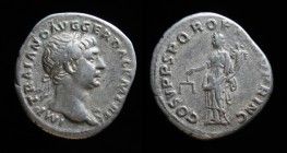 Trajan (98-117), AR Denarius, issued 108. Rome, 3.24g, 19mm.
Obv: IMP TRAIANO AVG GER DAC P M TR P; Laureate head right, slight drapery on left should...