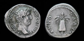 Hadrian (117-138), AR Denarius, issued 134-38. Rome, 2.99g, 18.5mm.
Obv: HADRIANVS AVG COS III P P; Bare head right.
Rev: ANNONA AVG; Modius with grai...