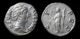 Diva Faustina Senior, died 140/1, AR Denarius. Rome, 2.73g, 17mm. 
Obv: DIVA FAVSTINA; Diademed and draped bust of Diva Faustina to right. 
Rev: CERES...