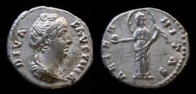 Diva Faustina Senior, died 140/141 CE, denarius. Rome mint, 3.34g, 18mm.
Obv: DIVA FAVSTINA, draped bust right
Rev: AETER-NITAS, Aeternitas, Provident...