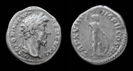Marcus Aurelius (161-180), AR denarius, issued 163-64. Rome, 3.33g, 18.2mm. 
Obv: M ANTONINVS AVG ARMEN P M, laureate head right. 
Rev: TR P XVIII IMP...
