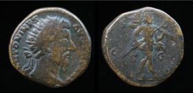 Marcus Aurelius	 (161-180), AE Dupondius, issued 170-171. Rome, 14.03g, 24mm.
Obv: IMP M ANTONINVS AVG TR P XXV; Radiate head right.
Rev: COS III; Mar...
