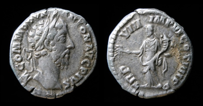 Commodus (179-192), AR Denarius, issued 183-184. Rome, 3.11g, 17.5mm.
Obv: M COM...