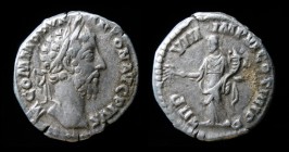Commodus (179-192), AR Denarius, issued 183-184. Rome, 3.11g, 17.5mm.
Obv: M COMMODVS ANTON AVG PIVS, laureate bust right.
Rev: TR P VIII IMP VI COS I...