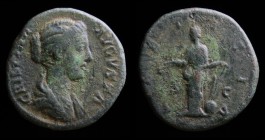 Crispina (178-183), AE As, issued 180-182. Rome, 11.80g, 25mm. 
Obv: CRISPINA AVGVSTA; Draped bust right, hair knotted in a bun in back.
Rev: LAETITIA...