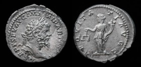 Septimius Severus (193-211), AR Denarius, issued 198-202. Rome, 2.39g, 19mm.
Obv: L SEPT SEV AVG IMP XI PART MAX; Laureate head r.
Rev: AEQVITATI AVGG...