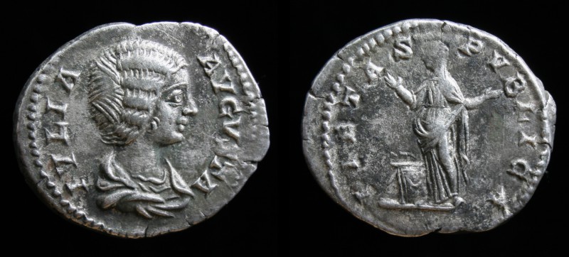 Julie Domna (193-217) AR Denarius, issued 203. Rome, 2.96g, 20mm.
Obv: IVLIA AVG...