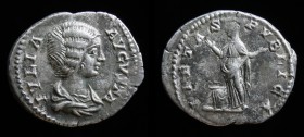 Julie Domna (193-217) AR Denarius, issued 203. Rome, 2.96g, 20mm.
Obv: IVLIA AVGVSTA, Bareheaded and draped bust right.
Rev: PIETAS PVBLICA; Pietas st...