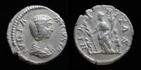 Julia Domna (193-217), AR Denarius, issued 207-211. Rome, 2.80g, 18mm. 
Obv: Draped bust right.
Rev: Hilaritas standing facing, head left, holding pal...