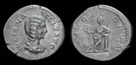 Julia Domna (193-217), AR Denarius, issued 211-217 under Caracalla. Rome, 3.23g, 20mm. Scarce.
Obv: IVLIA PIA FELIX AVG, Draped bust right.
Rev: MATRI...