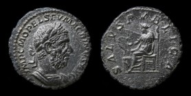 Macrinus (217-218), AR denarius, Issued 217 CE. Rome, 2.39g, 18.5mm. 
Obv: Laureate and cuirassed bust right.
Rev: Salus seated left, holding scepter,...