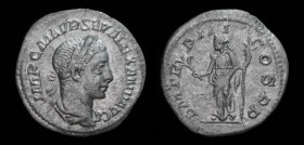Severus Alexander (222-235), AR denarius, issued 224. Rome, 1.52g, 19mm.
Obv: IMP C M AVR SEV ALEXAND AVG; laureate and draped bust right.
Rev: P M TR...
