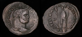 Maximianus (285-305), AE Follis, issued 297-298. Carthage, 2nd officina, 11.56g, 26-31mm.
Obv: IMP MAXIMIANVS P F AVG; Laureate head right.
Rev: FEL...