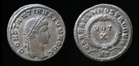 Constantine II as Caesar (317-337), AE follis, issued 321. Rome, 3.28g, 18.5mm.
Obv: CONSTANTINVS IVN NOB C, laureate head right.
Rev: CAESARVM NOSTRO...