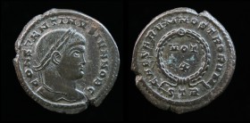 Constantine II, as Caesar, AE3, issued 323-4. Trier, 3.89g, 20mm. 
Obv: CONSTANTINVS IVN NOB C, laureate head right.
Rev: CAESARVM NOSTRORVM, laurel w...