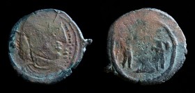 South India, c. 4th century, Imitation of Roman AE3. 2.33g, 16.5mm.
Obv: Bust right with elaborate coiffure at the back, pseudo legend around.
Rev: ...