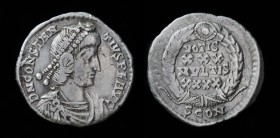 Constantius II (337-361), AR reduced siliqua, issued 355-360.  Arles/Constantia, 2nd officina, 2.20g, 17mm.
Obv: D N CONSTAN-TIVS P F AVG, pearl-diad...